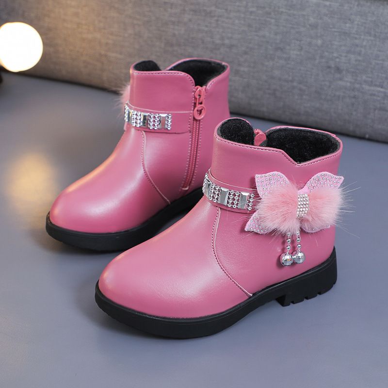 Children's Girls' Mid Length Warm Leather Boots Baby Bow Cute Cotton Shoes Plush Winter New Student Boots