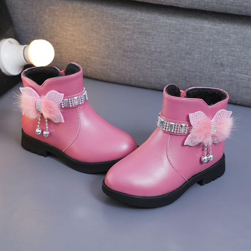 Children's Girls' Mid Length Warm Leather Boots Baby Bow Cute Cotton Shoes Plush Winter New Student Boots