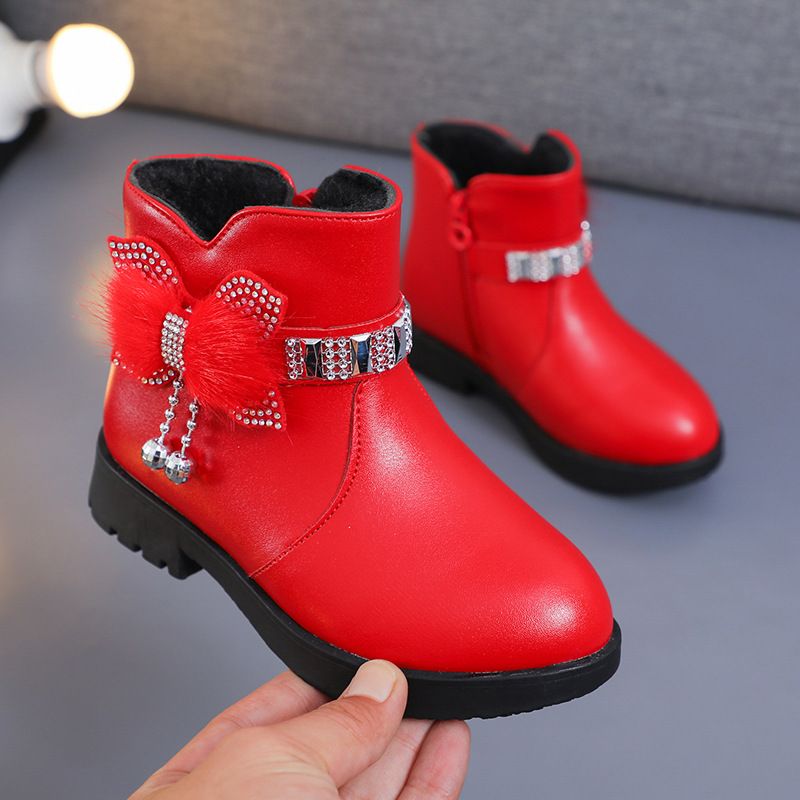 Children's Girls' Mid Length Warm Leather Boots Baby Bow Cute Cotton Shoes Plush Winter New Student Boots
