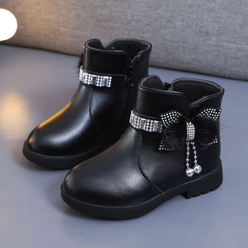 Children's Girls' Mid Length Warm Leather Boots Baby Bow Cute Cotton Shoes Plush Winter New Student Boots