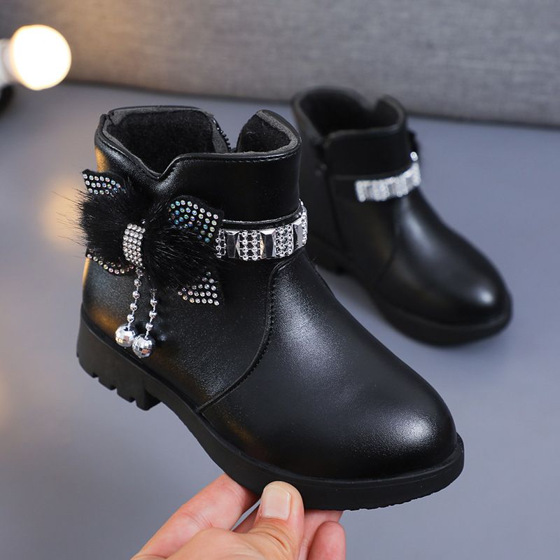 Children's Girls' Mid Length Warm Leather Boots Baby Bow Cute Cotton Shoes Plush Winter New Student Boots