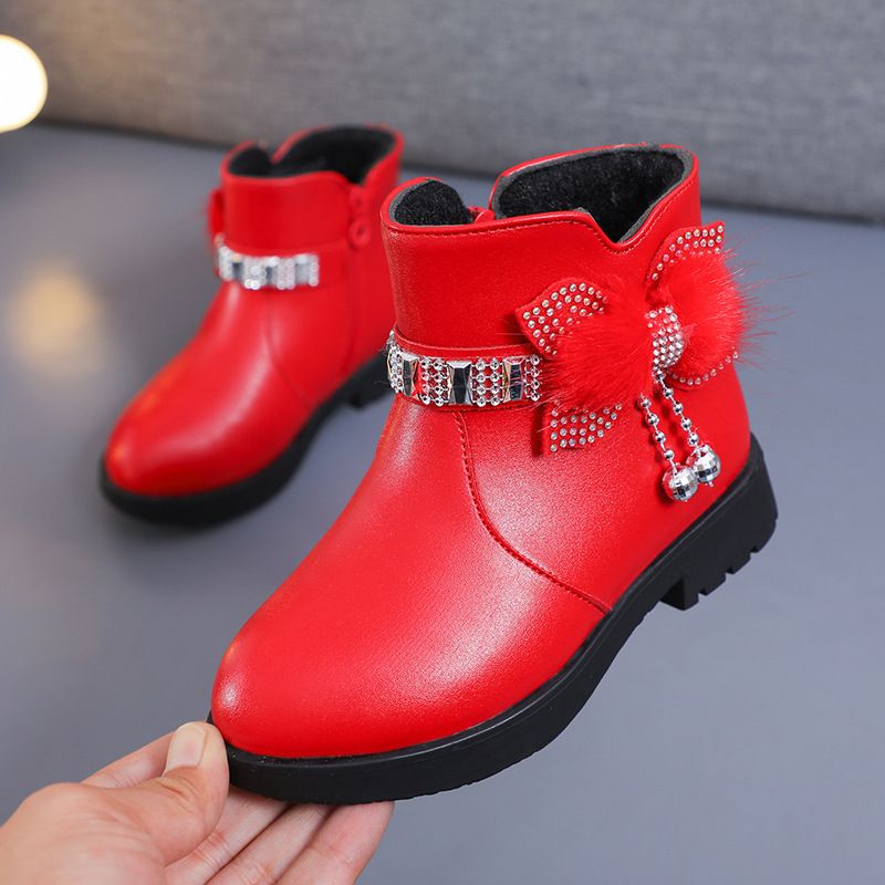 Children's Girls' Mid Length Warm Leather Boots Baby Bow Cute Cotton Shoes Plush Winter New Student Boots