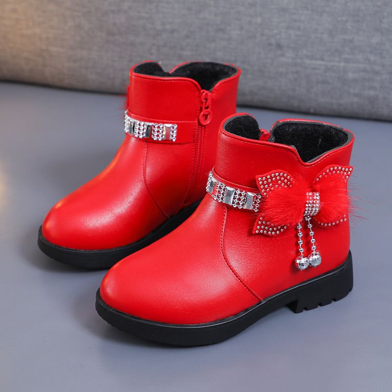 Children's Girls' Mid Length Warm Leather Boots Baby Bow Cute Cotton Shoes Plush Winter New Student Boots