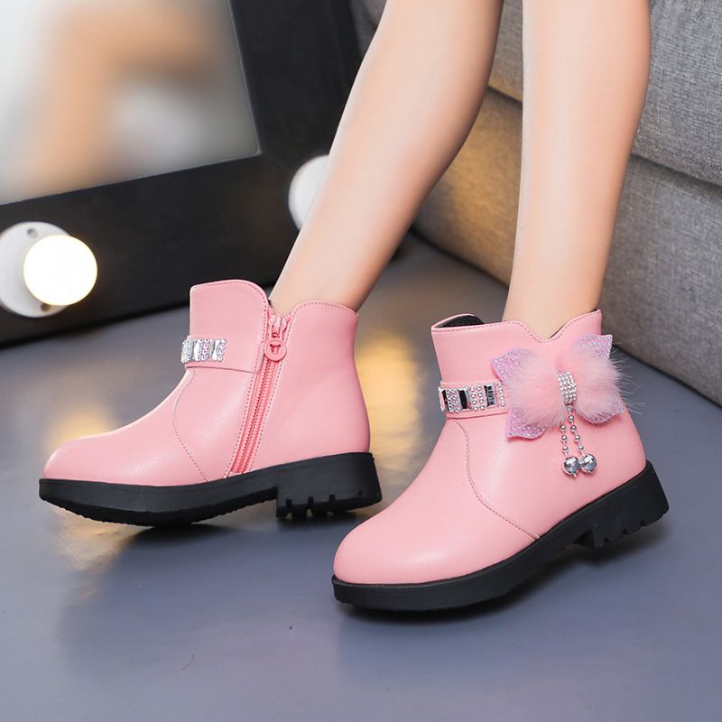 Children's Girls' Mid Length Warm Leather Boots Baby Bow Cute Cotton Shoes Plush Winter New Student Boots