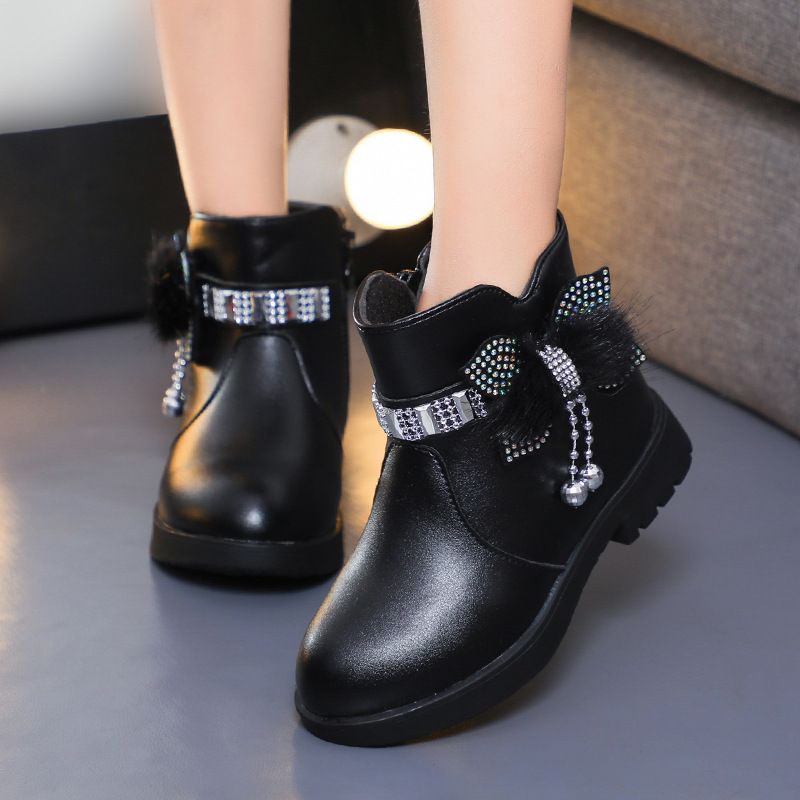 Children's Girls' Mid Length Warm Leather Boots Baby Bow Cute Cotton Shoes Plush Winter New Student Boots