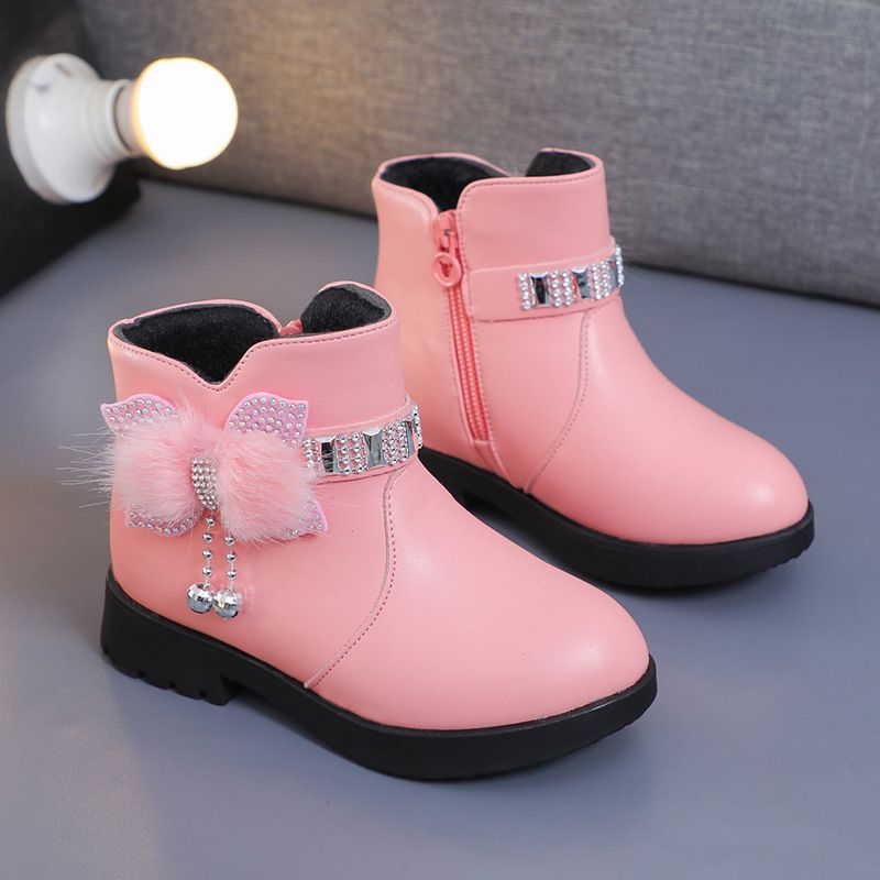 Children's Girls' Mid Length Warm Leather Boots Baby Bow Cute Cotton Shoes Plush Winter New Student Boots