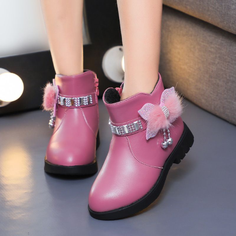 Children's Girls' Mid Length Warm Leather Boots Baby Bow Cute Cotton Shoes Plush Winter New Student Boots
