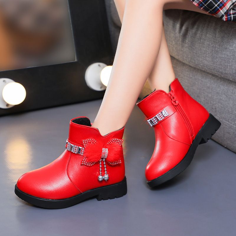 Children's Girls' Mid Length Warm Leather Boots Baby Bow Cute Cotton Shoes Plush Winter New Student Boots