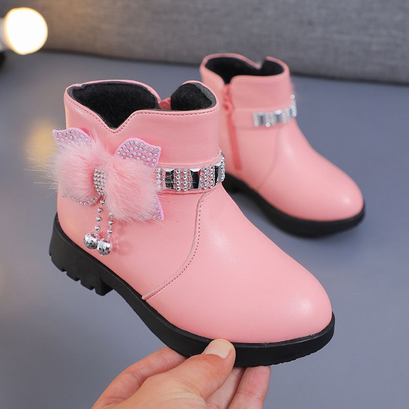 Children's Girls' Mid Length Warm Leather Boots Baby Bow Cute Cotton Shoes Plush Winter New Student Boots