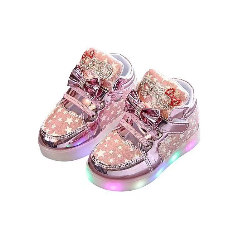 Boots Spring Autumn Little Girl Cartoon Bright Diamond Flash Light Shoes Boys' Breathable Glowing Leather Sneakers