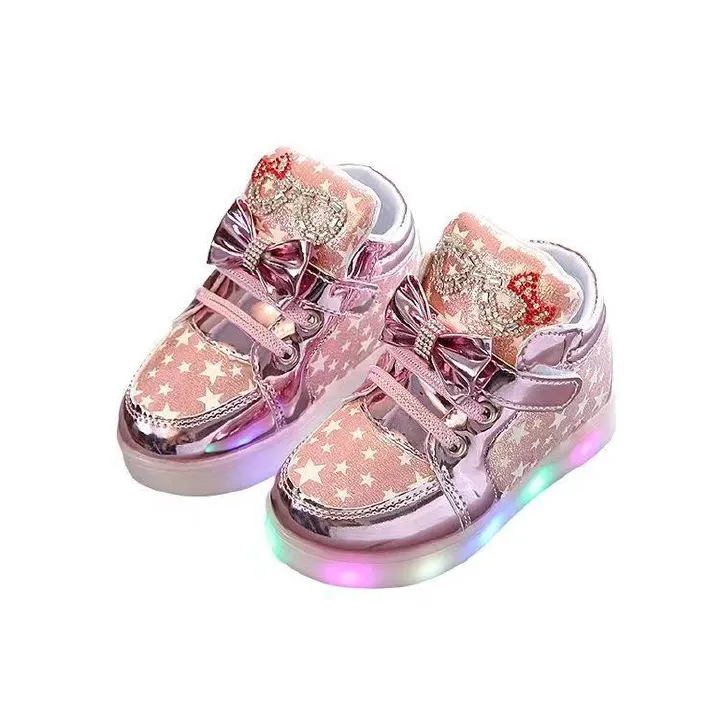Boots Spring Autumn Little Girl Cartoon Bright Diamond Flash Light Shoes Boys' Breathable Glowing Leather Sneakers