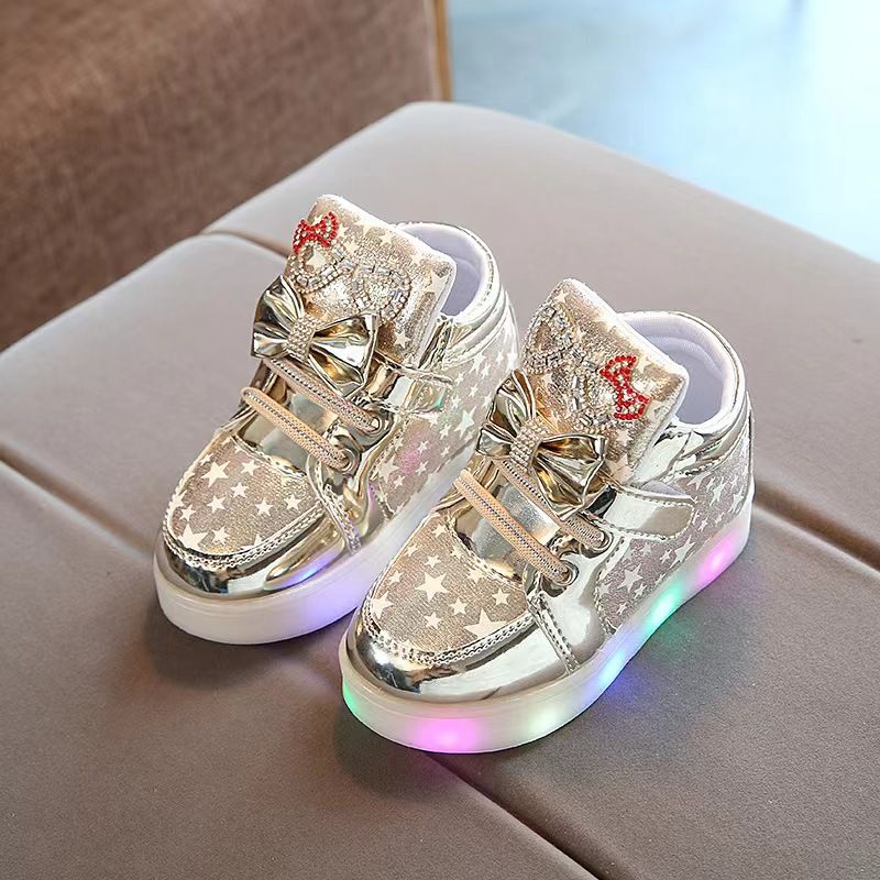Boots Spring Autumn Little Girl Cartoon Bright Diamond Flash Light Shoes Boys' Breathable Glowing Leather Sneakers