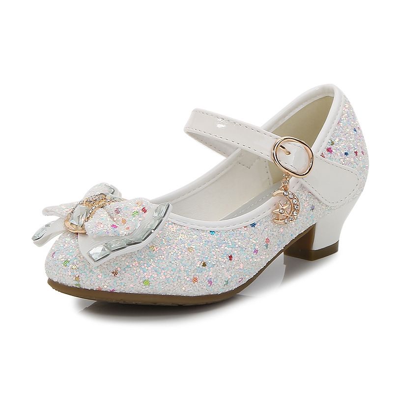Dress Shoes Autumn New Girls' Small High-Heeled Leather Shoes Sparkling Shoe upper with Bow Decoration for Children's Dance Shoes