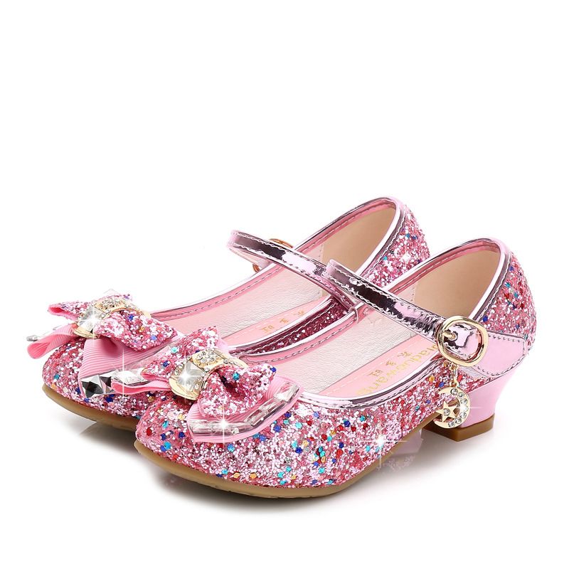 Dress Shoes Autumn New Girls' Small High-Heeled Leather Shoes Sparkling Shoe upper with Bow Decoration for Children's Dance Shoes