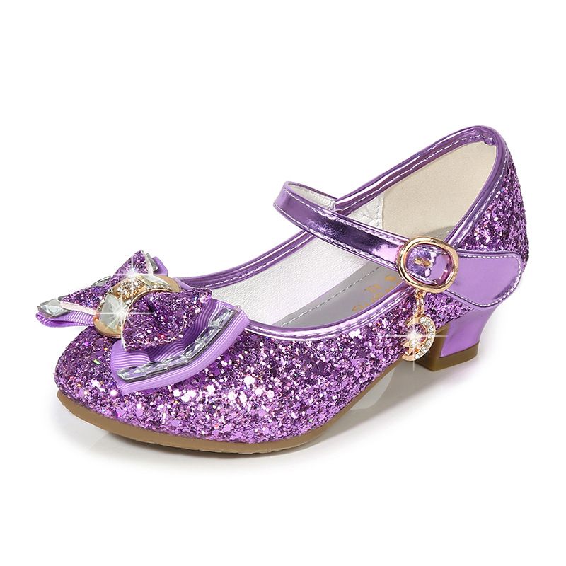 Dress Shoes Autumn New Girls' Small High-Heeled Leather Shoes Sparkling Shoe upper with Bow Decoration for Children's Dance Shoes
