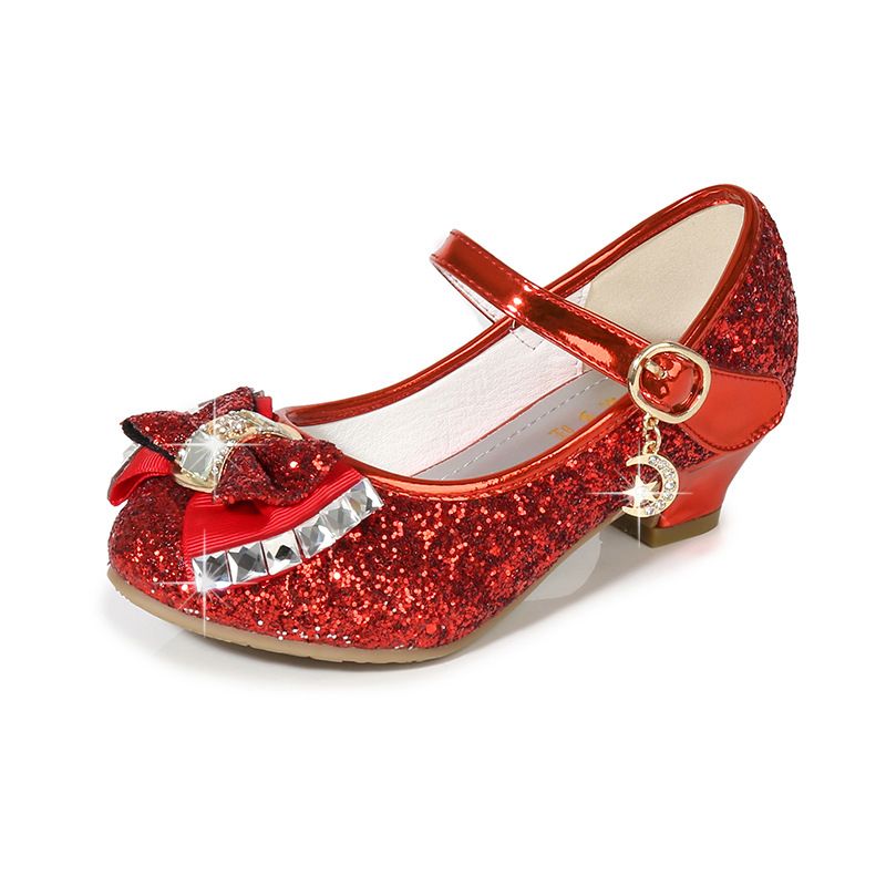 Dress Shoes Autumn New Girls' Small High-Heeled Leather Shoes Sparkling Shoe upper with Bow Decoration for Children's Dance Shoes