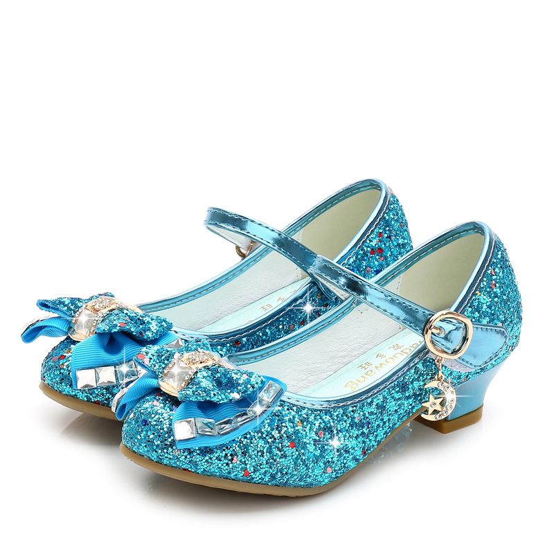 Dress Shoes Autumn New Girls' Small High-Heeled Leather Shoes Sparkling Shoe upper with Bow Decoration for Children's Dance Shoes