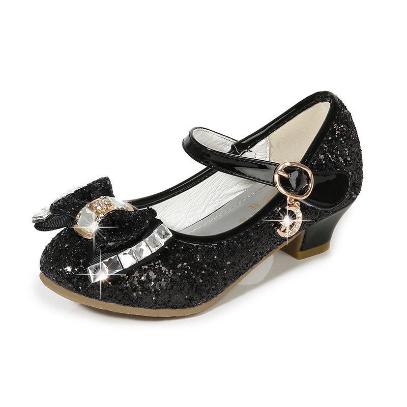 Dress Shoes Autumn New Girls' Small High-Heeled Leather Shoes Sparkling Shoe upper with Bow Decoration for Children's Dance Shoes