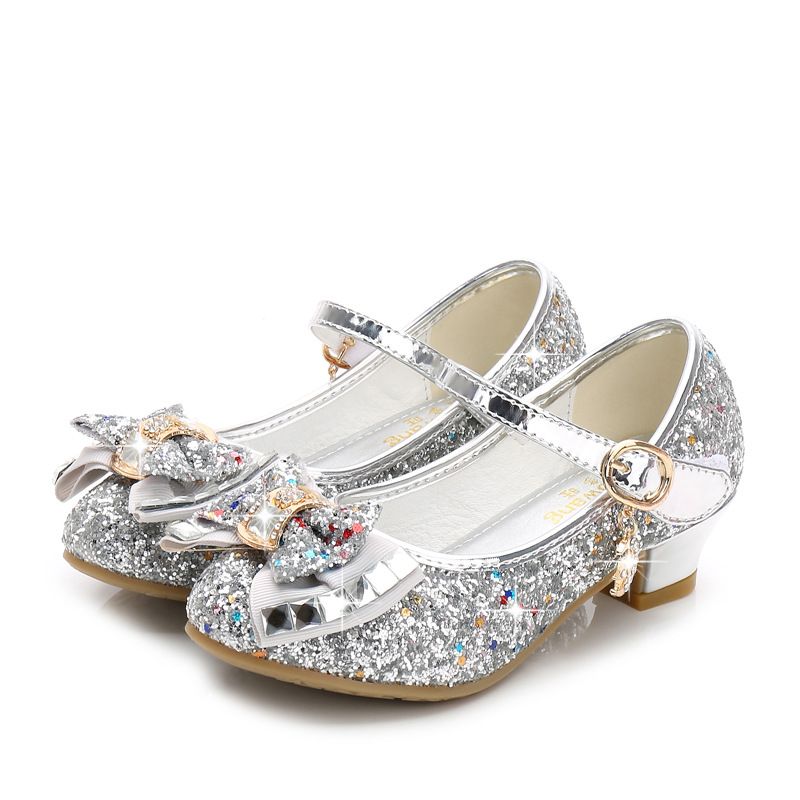 Dress Shoes Autumn New Girls' Small High-Heeled Leather Shoes Sparkling Shoe upper with Bow Decoration for Children's Dance Shoes
