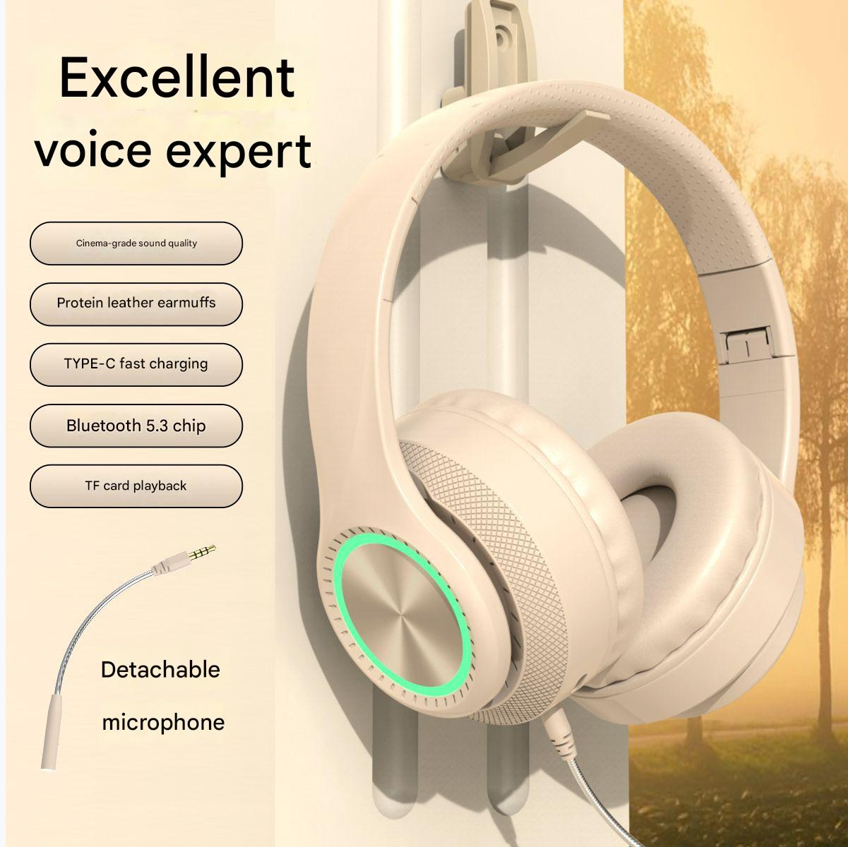 Headphone Sports Headphone Wireless Bluetooth Detachable Microphone RGB Lighting Noise Reduction CD Pattern Large Ear Cover Head Mounted Bluetooth Wireless Gaming Headphones
