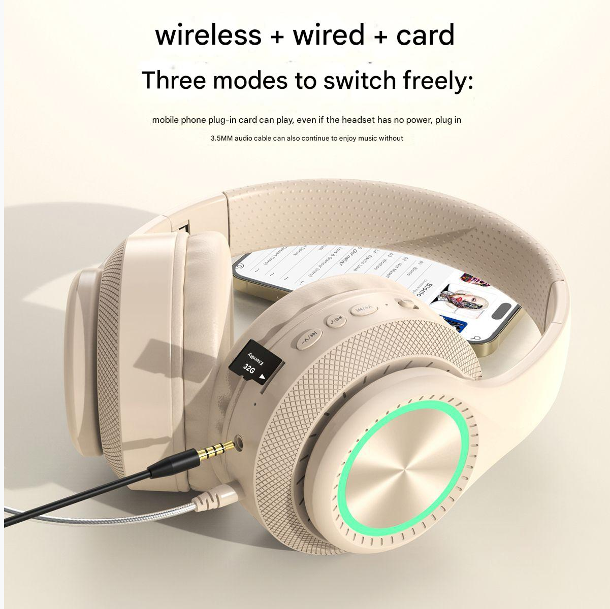 Headphone Sports Headphone Wireless Bluetooth Detachable Microphone RGB Lighting Noise Reduction CD Pattern Large Ear Cover Head Mounted Bluetooth Wireless Gaming Headphones