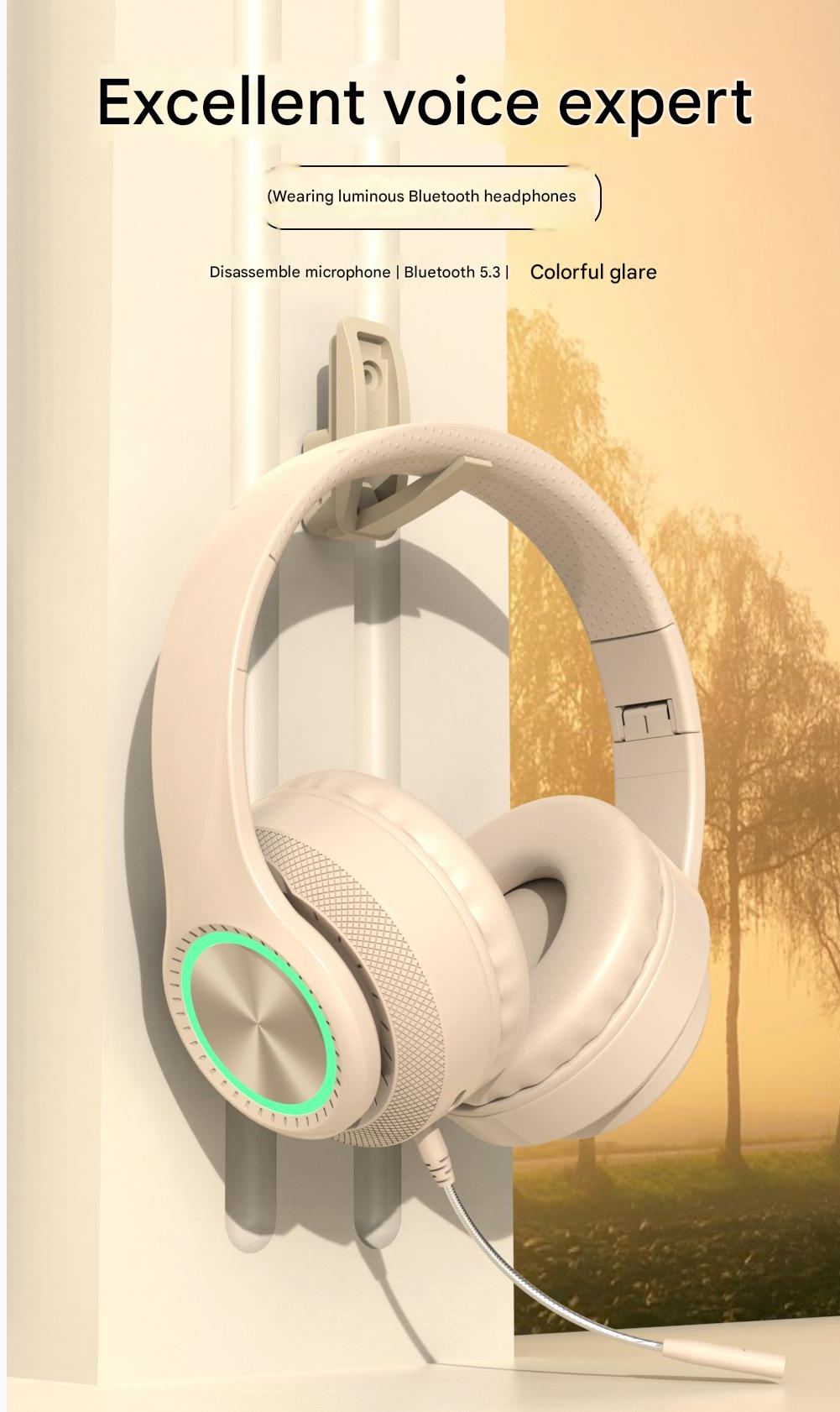 Headphone Sports Headphone Wireless Bluetooth Detachable Microphone RGB Lighting Noise Reduction CD Pattern Large Ear Cover Head Mounted Bluetooth Wireless Gaming Headphones