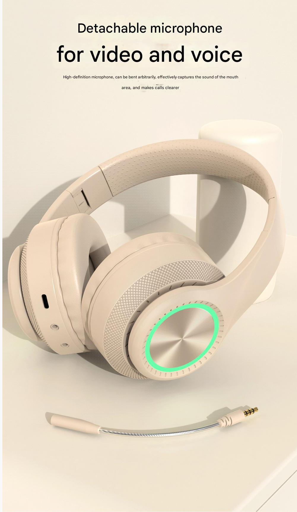 Headphone Sports Headphone Wireless Bluetooth Detachable Microphone RGB Lighting Noise Reduction CD Pattern Large Ear Cover Head Mounted Bluetooth Wireless Gaming Headphones