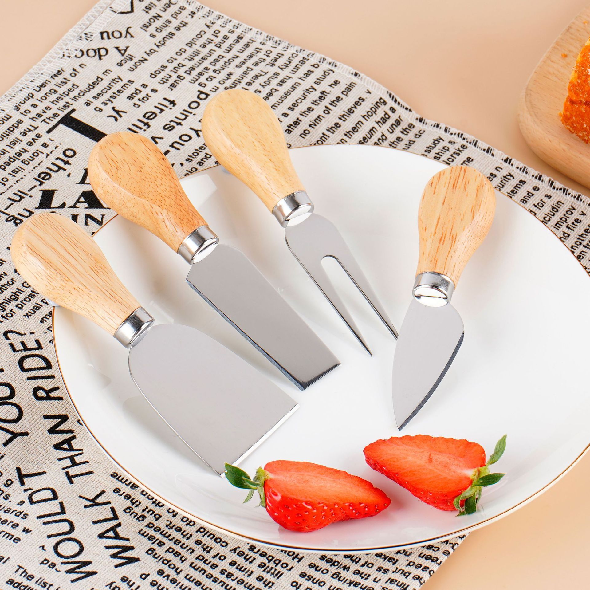 Stainless Steel Wooden Handle Cheese Knife Butter Pizza Knife Cake Tool Cheese Knife Fork Set Kitchen Dining Utensils Gadgets Cheese Tools