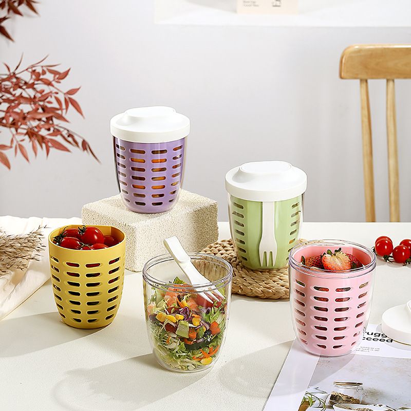 Salad Cup Picnic Fruit Cup Double-Layer Water Cup Portable Breakfast Cup for Office Workers Student Soup Cup Milk Cup Kitchen Dining Storage Travel To-Go Food Containers