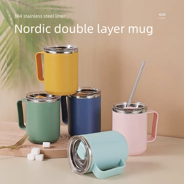 Stainless Steel Coffee Cup with Lid Household Drinking Cup Office Insulated Cup Large Capacity Kitchen Dining Dinnerware Coffee Cups Mugs