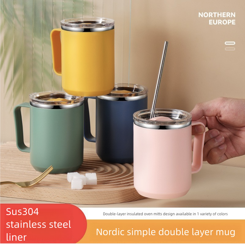 Stainless Steel Coffee Cup with Lid Household Drinking Cup Office Insulated Cup Large Capacity Kitchen Dining Dinnerware Coffee Cups Mugs
