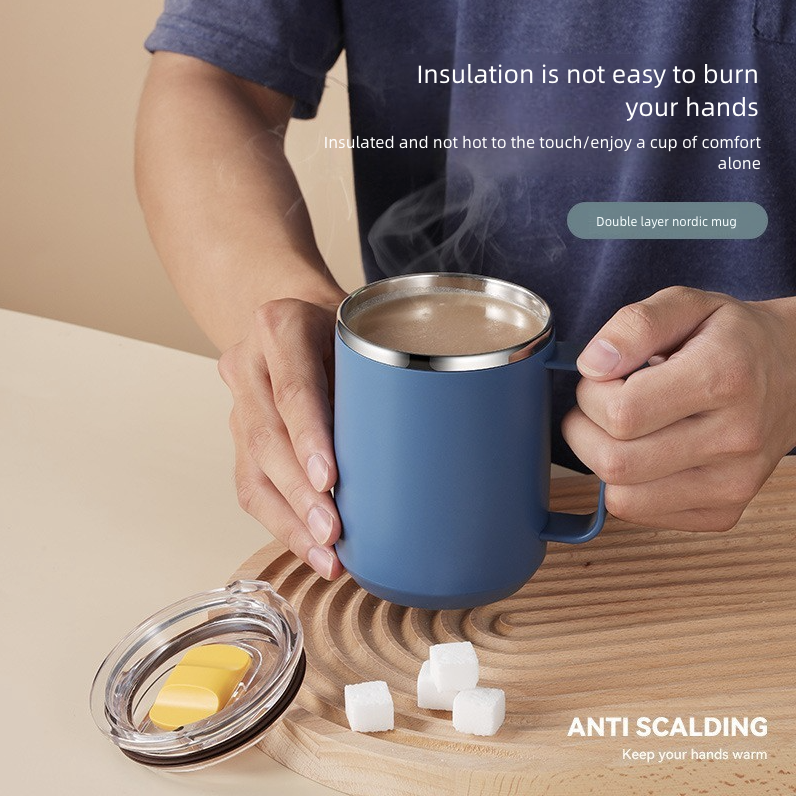 Stainless Steel Coffee Cup with Lid Household Drinking Cup Office Insulated Cup Large Capacity Kitchen Dining Dinnerware Coffee Cups Mugs