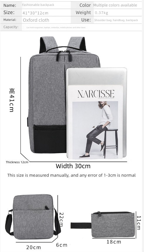 Men's Bags Fashion Backpacks Three Piece Backpack with USB Charging Port Business Laptop Bag Outdoor Travel Large Capacity Backpack