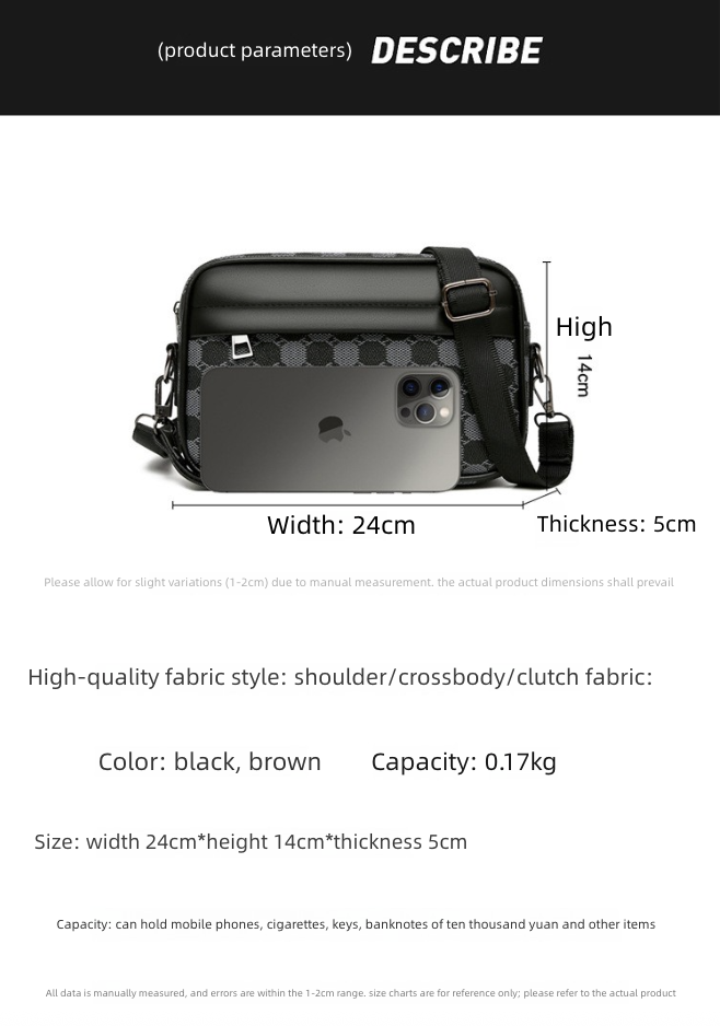Men's Crossbody Bag New Hand-Held Bag Business Versatile Casual Plaid Casual Trendy Bag Outdoor Single Shoulder Men's Bag