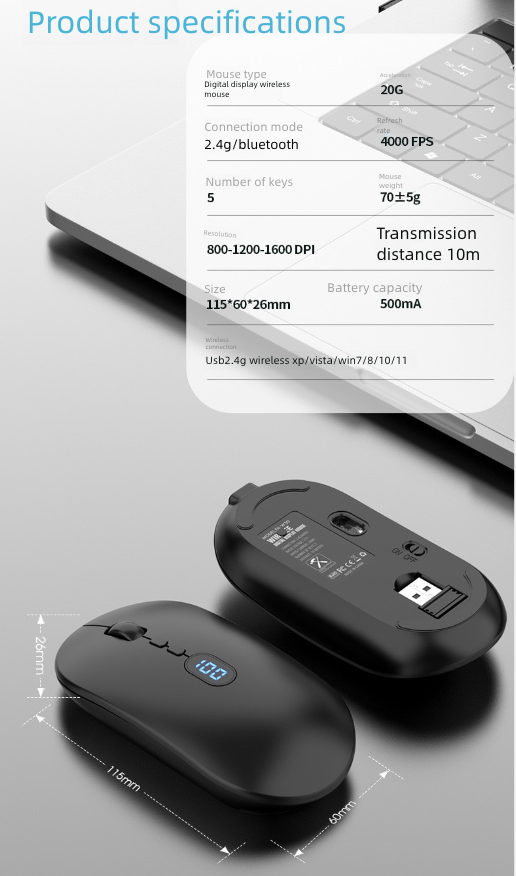 Rechargeable Mouse Wireless Mouse Bluetooth New Wireless Mouse Charging Silent Operation Power Display Business Office Use