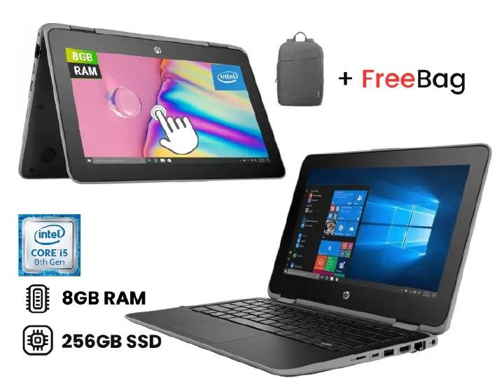 Refurbished HP ProBook 11 G4 X360 Core i5 8th Gen 8GB RAM 256GB SSD 11.6-inch Touchscreen, 2-in-1 Convertible Laptop PC + Bag Gray