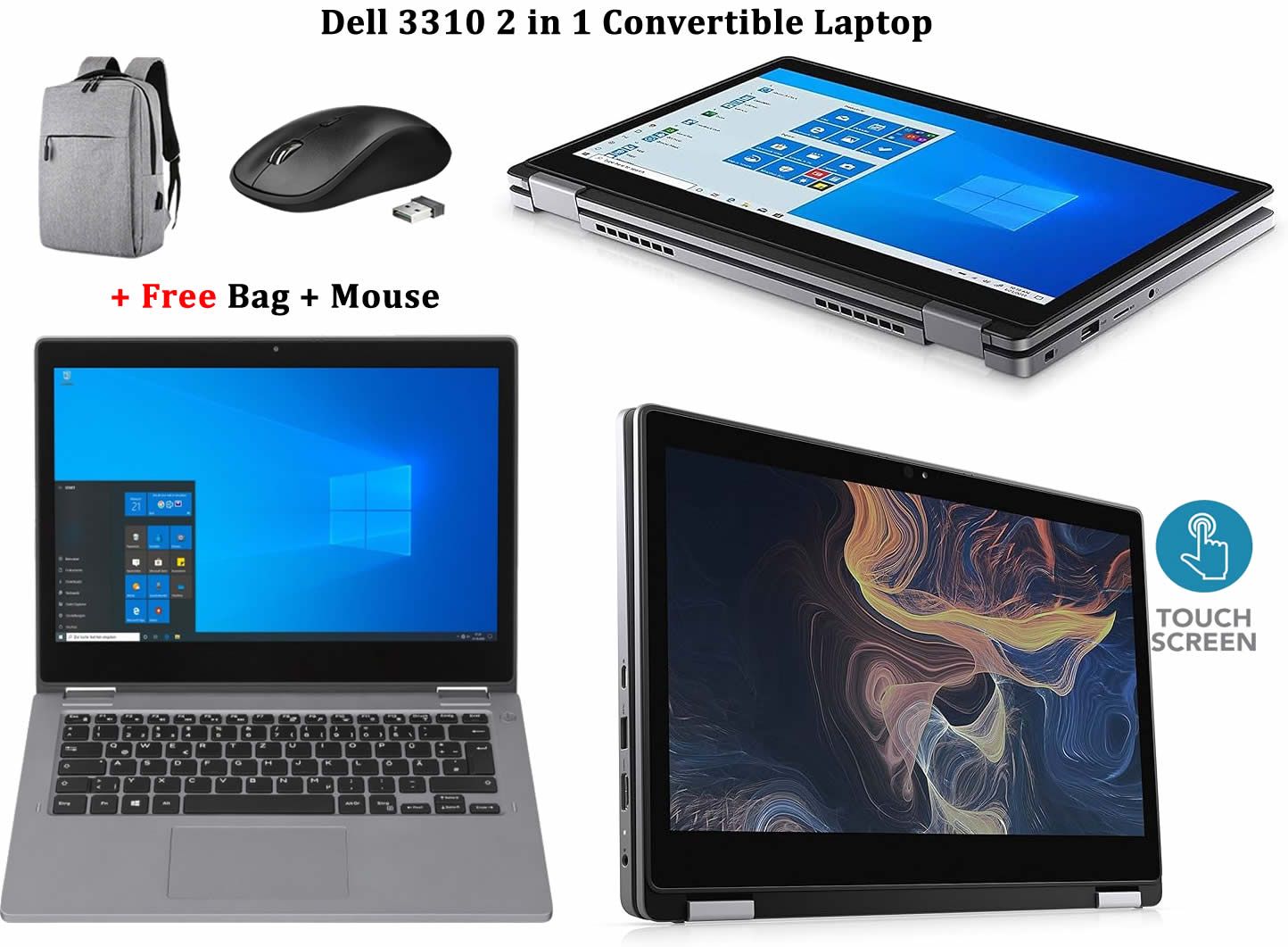Dell Latitude 3310 x360 Core i5 8GB RAM 256GB SSD 2 in 1 Quad Core 8th Gen 13.3" Touchscreen Windows Laptop + Bag, Mouse