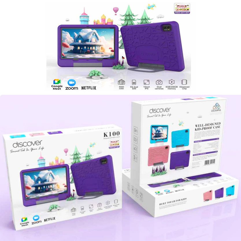 Discover K100 Android Kids Tablet 10 Inch 8GB RAM 512GB (64GB Real) Dual Sim Wi-Fi, Games, Learning Apps, Parental control, Protective cover + Free Gifts