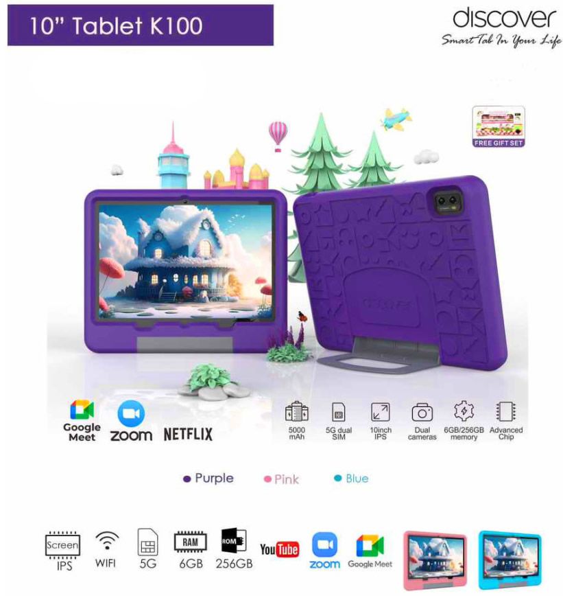 Discover K100 Android Kids Tablet 10 Inch 8GB RAM 512GB (64GB Real) Dual Sim Wi-Fi, Games, Learning Apps, Parental control, Protective cover + Free Gifts