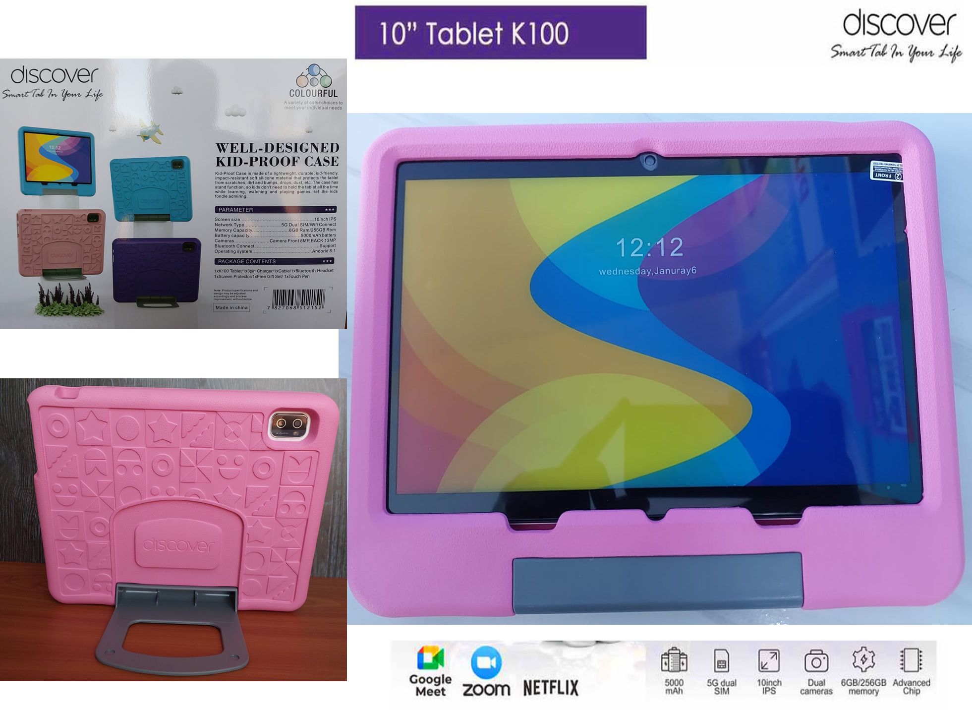 Discover K100 Android Kids Tablet 10 Inch 8GB RAM 512GB (64GB Real) Dual Sim Wi-Fi, Games, Learning Apps, Parental control, Protective cover + Free Gifts