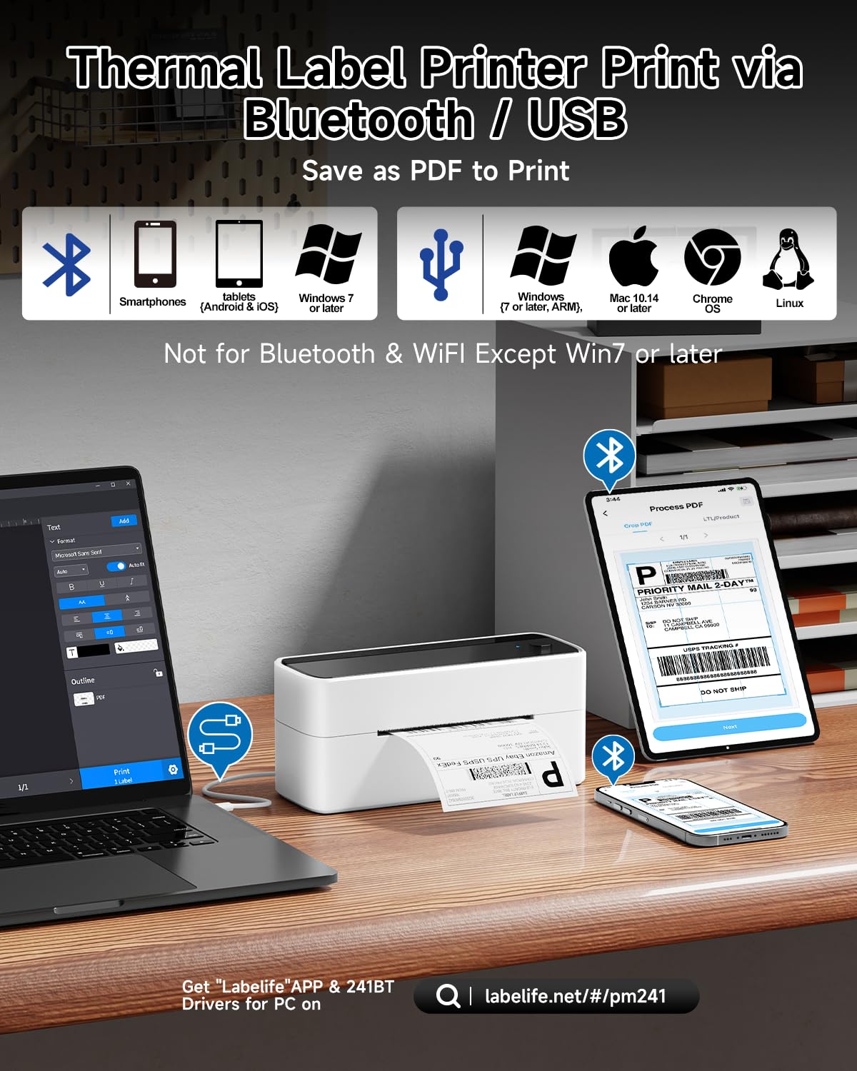 Phomemo Thermal Label Printer Bluetooth PM241-BT Wireless & USB 4x6 Shipping Labels, Barcode Stickers Printer