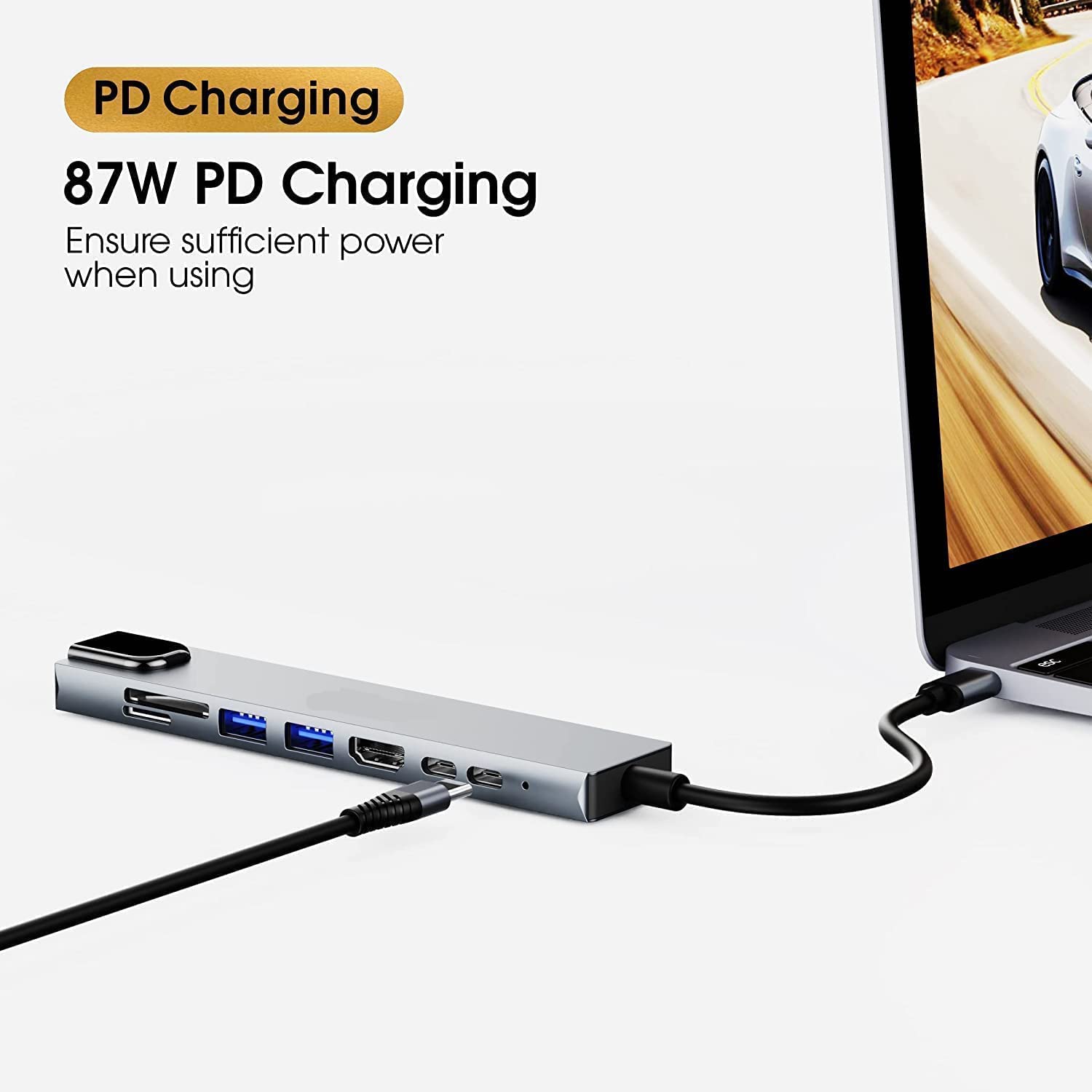 4K High Speed 8 in 1 USB LAN HDMI Hub - Type C 3.1 to HDTV UltraHD LAN Ethernet USB3.0 USB 2.0 TF SD Card Slot Reader Type C Charge Hub for Apple, Android, Windows, Chrome Devices