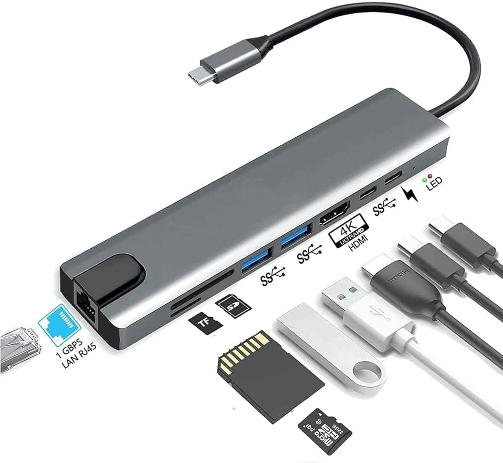 4K High Speed 8 in 1 USB LAN HDMI Hub - Type C 3.1 to HDTV UltraHD LAN Ethernet USB3.0 USB 2.0 TF SD Card Slot Reader Type C Charge Hub for Apple, Android, Windows, Chrome Devices
