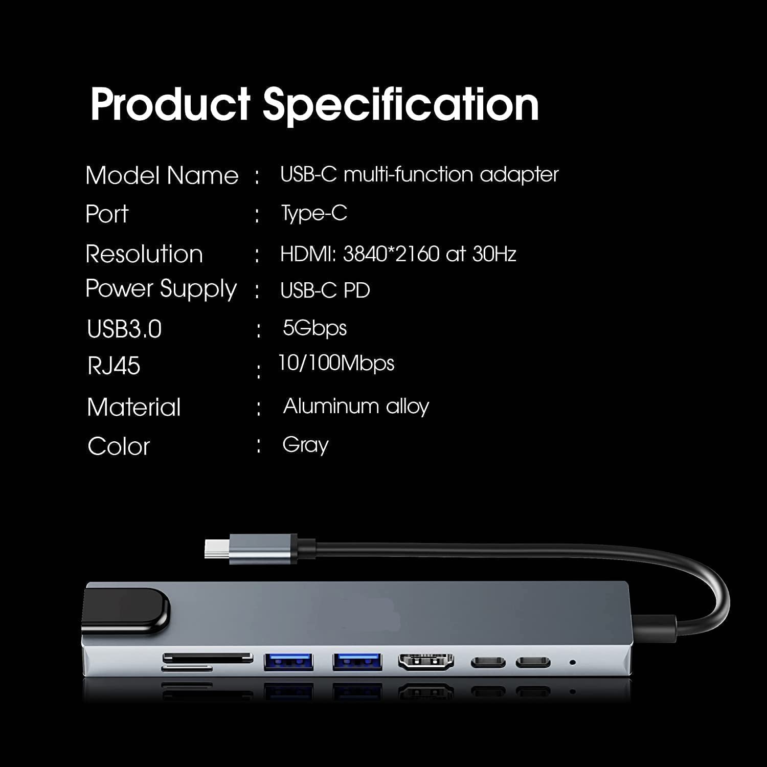 4K High Speed 8 in 1 USB LAN HDMI Hub - Type C 3.1 to HDTV UltraHD LAN Ethernet USB3.0 USB 2.0 TF SD Card Slot Reader Type C Charge Hub for Apple, Android, Windows, Chrome Devices