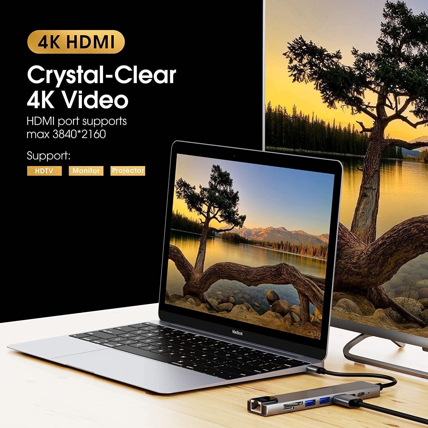 4K High Speed 8 in 1 USB LAN HDMI Hub - Type C 3.1 to HDTV UltraHD LAN Ethernet USB3.0 USB 2.0 TF SD Card Slot Reader Type C Charge Hub for Apple, Android, Windows, Chrome Devices