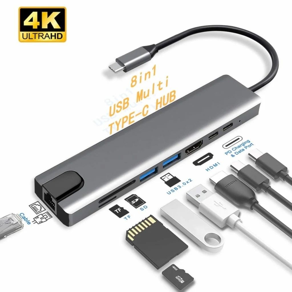 4K High Speed 8 in 1 USB LAN HDMI Hub - Type C 3.1 to HDTV UltraHD LAN Ethernet USB3.0 USB 2.0 TF SD Card Slot Reader Type C Charge Hub for Apple, Android, Windows, Chrome Devices