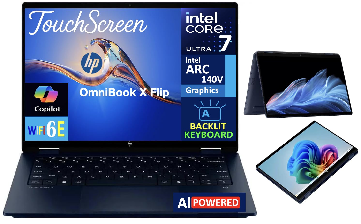 Brand New HP OmniBook X Flip Intel Core Ultra 7 256V Next Gen AI PC 16GB RAM 1TB SSD 14-fm0023dx 14 Inch 2K Touchscreen x360 2 in 1 Laptop Windows 11