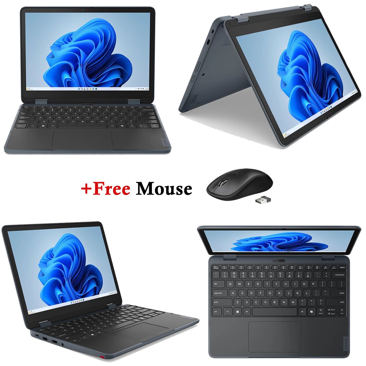 Refurbished Lenovo 500w x360 8GB 128GB SSD Gen3 11.6" Touchscreen Intel Pentium Silver N6000, Windows 11 Pro slim 2in1 Convertible Laptop  + Free Wireless Mouse