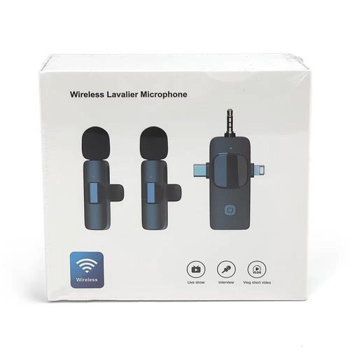 K15 Dual Wireless Lavalier Microphones for iPhone, Android – Lightning, Type-C, AUX Adapter