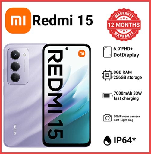 [Black Friday Offer] New launch XIAOMI Redmi 15 256GB+16(8+8)GB 6.9 Inch 144Hz IPS LCD Display 7000mAh Battery 33W Fast Charging IP64 Dust/Water Resistant Dual SIM Snapdragon 685 SoC AI Smartphones